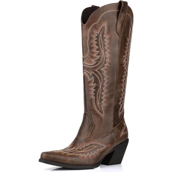 ⚡Women's Dark Brown Wide Calf Cowgirl Boots Embroidered Pointed Toe Half Zip - Picture 1 of 8